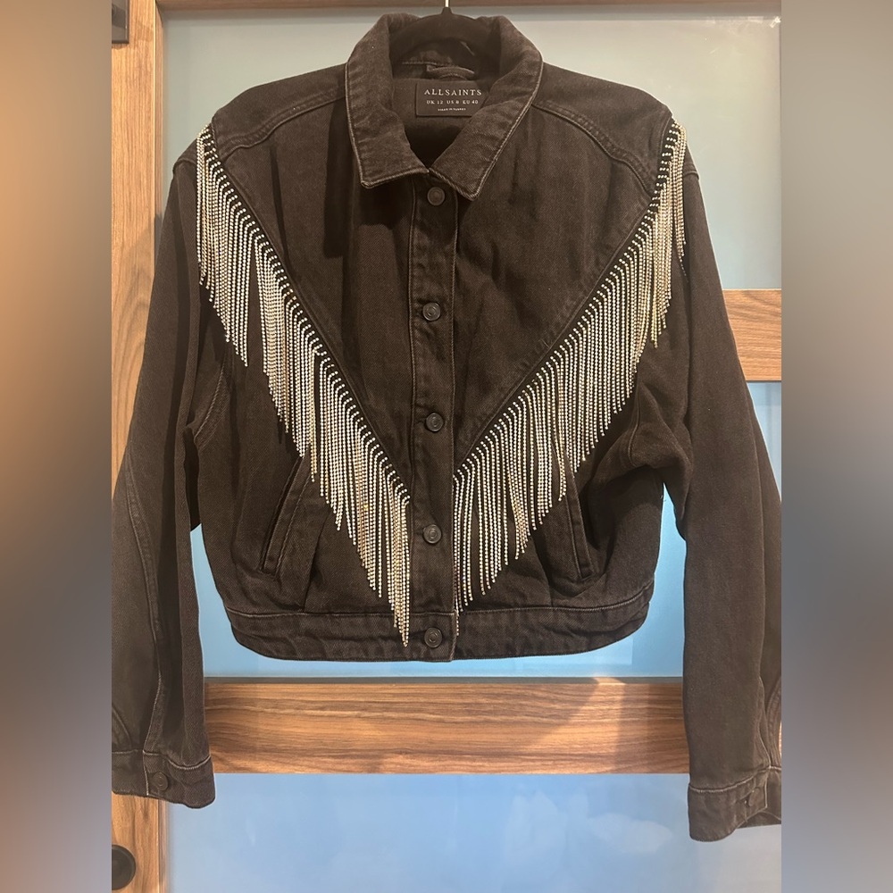 All Saints Black Jean Jacket with Silver Fringe